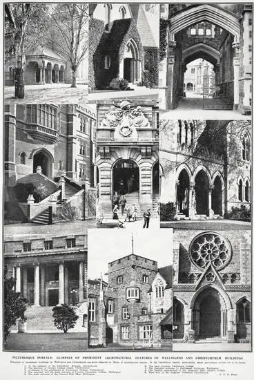 Picturesque portals: glimpses of prominent architectural features of Wellington and Christchurch buildings Image: Picturesque portals: glimpses of prominent architectural features of Wellington and Christchurch buildings