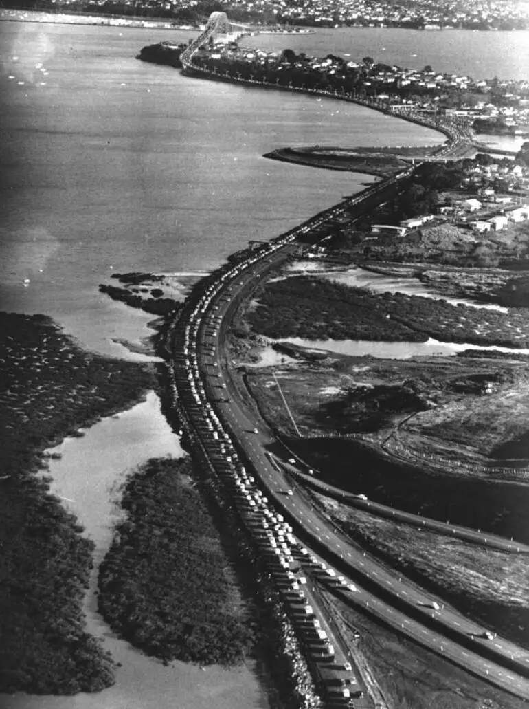 Image: Cars queued on the motorway, 1959
