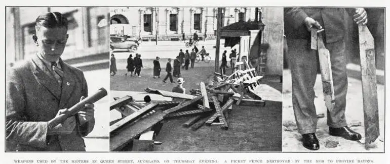 Image: Weapons used by the rioters in queen street, Auckland, on Thursday evening: a picket fence destroyed by the mob to provide batons