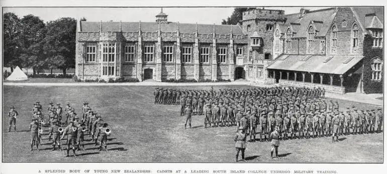 Image: A splendid body of young New Zealanders: cadets at a leading South Island College undergo military training