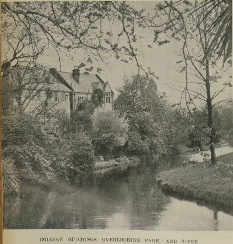 Image: College buildings overlooking park and river