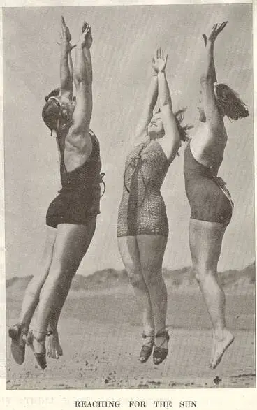 Image: Reaching for the sun: Girl bathers show high spirits on New Plymouth's Fitzroy beach