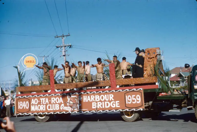 Image: Aotearoa Maori Club float, Auckland Harbour Bridge opening day parade, 1959