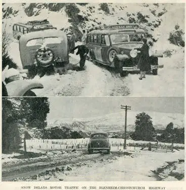 Snow delays motor traffic on the Blenheim-Christchurch highway Image: Snow delays motor traffic on the Blenheim-Christchurch highway