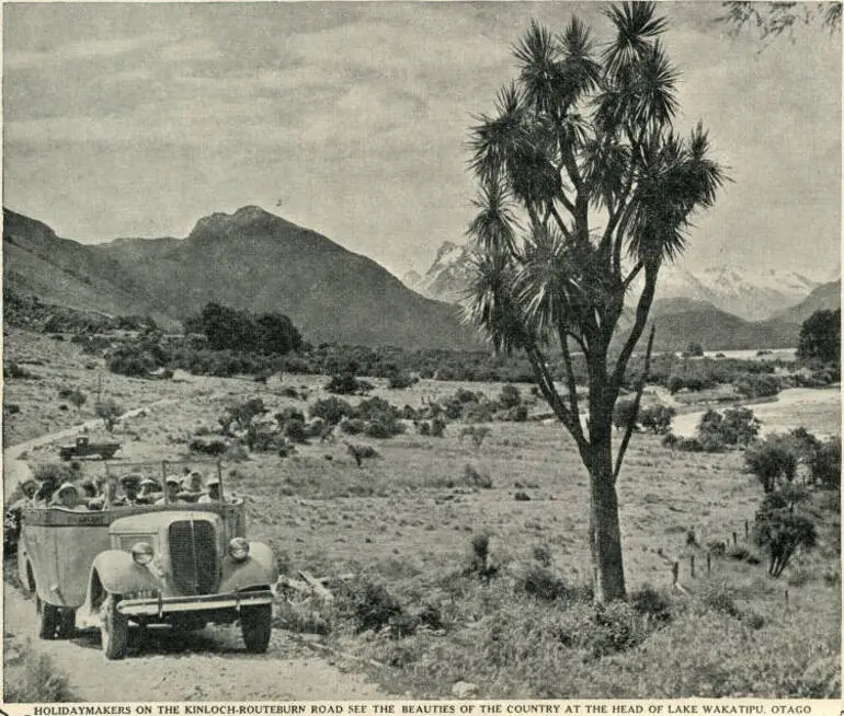 Image: Holidaymakers on the Kinloch-Routeburn Road see the beauties of the country at the head of Lake Wakatipu, Otago