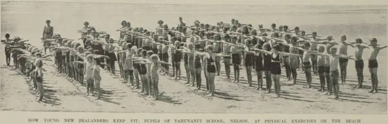 Image: How young New Zealanders keep fit: pupils of Tahunanui School, Nelson, at physical exercises on the beach