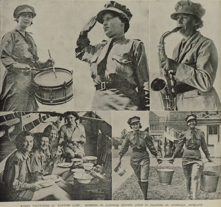 Image: Women volunteers at wartime camp: members of National Service Corps in training at Avondale, Auckland