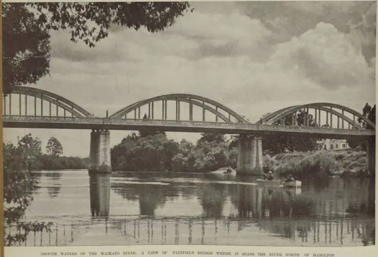 Image: Smooth waters of the Waikato River: a view of Fairfield Bridge where it spans the river north of Hamilton
