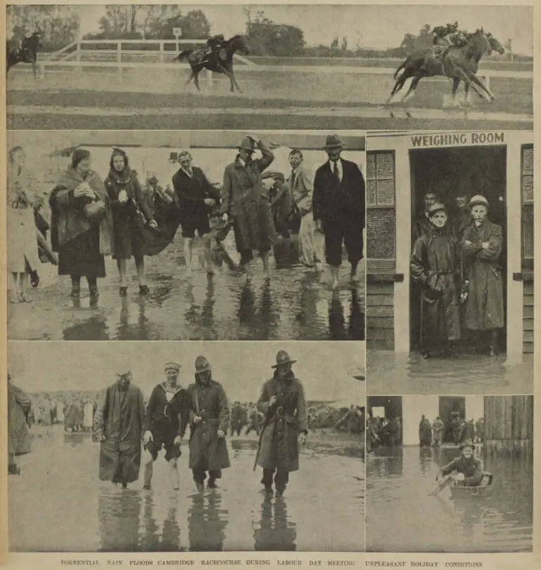 Image: Torrential rain floods Cambridge racecourse during Labour Day meeting: unpleasant holiday conditions