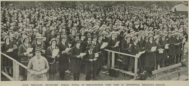 Image: Four thousand secondary school pupils of Christchurch take part in centennial religious service