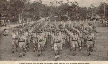 Image: Smartly-dressed Dominion soldiers march past for an inspection in a New Zealand South Pacific camp