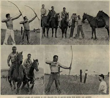 Image: American sailors and Marines in New Zealand fill in leisure hours with riding and archery