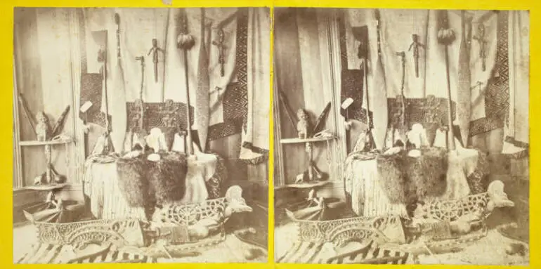 Image: Māori artefacts in Sir George Grey's Museum, Kawau Island, 1871