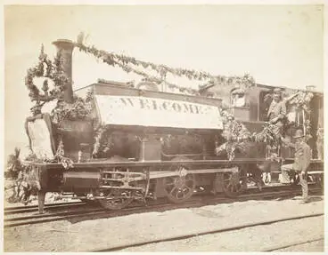 Decorated railway locomotive welcoming Sir George Grey Image: Decorated railway locomotive welcoming Sir George Grey