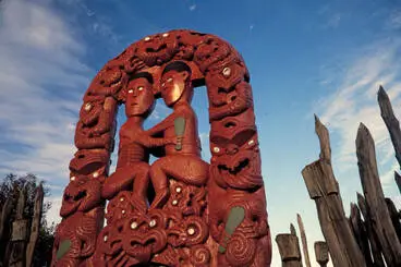 Image: Carved gateway to the Whakarewarewa Model Village
