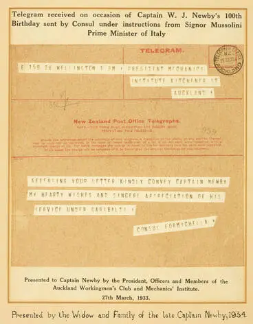 Image: Telegram received on occasion of Captain William J Newby's 100th birthday, 1933