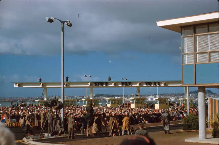 Image: Auckland Harbour Bridge opening ceremony, toll plaza, 1959
