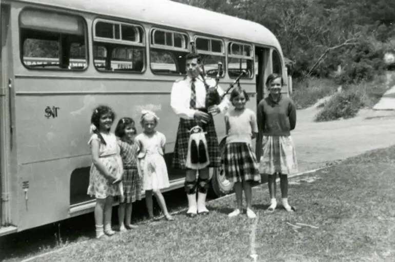 Image: Bus driver Colin Corkery with his North Shore Transport bus, Castor Bay, North Shore.
