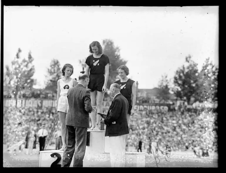 Image: British Empire Games, Women's Long Jump Podium, Eden Park, 1950