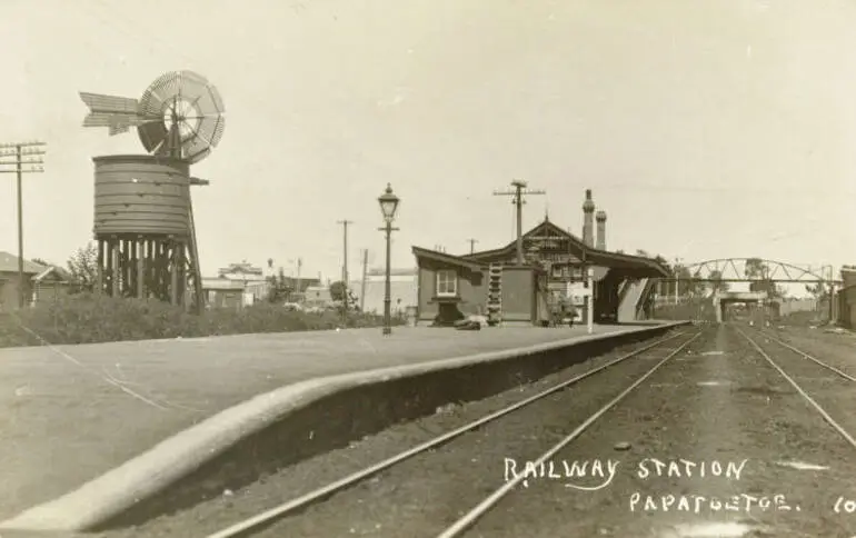 Image: 'Railway station, Papatoetoe', ca 1925.