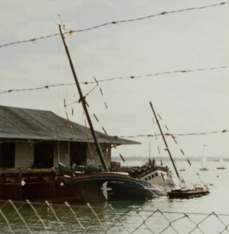 Image: The Rainbow Warrior, Marsden wharf, Auckland, 1985