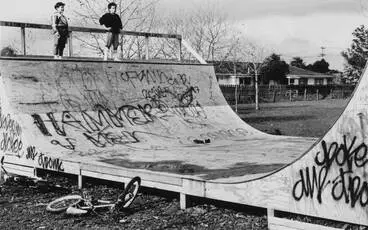 Image: Battered skate board ramp, Takanini, 1992