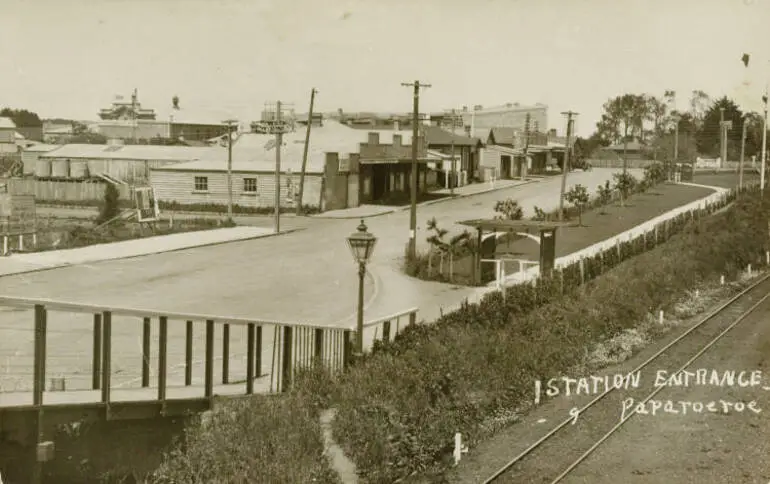 Image: 'Station entrance - Papatoetoe', ca 1925.