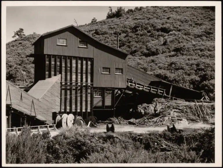 Image: The mine entrance and 'surge' bins at Blackball Mine