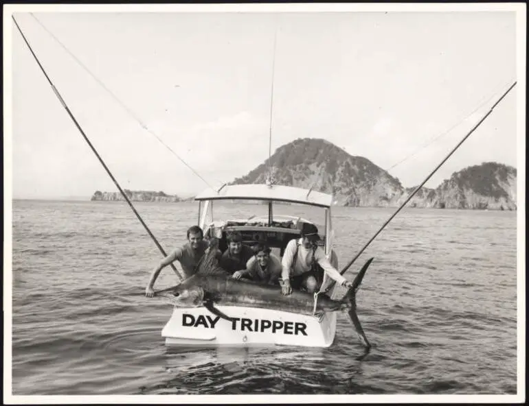 Image: Anglers with a black marlin placed at the end of the boat 'Day Tripper'