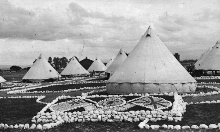 Image: Stonework decorations in front of tents at a Featherston military camp