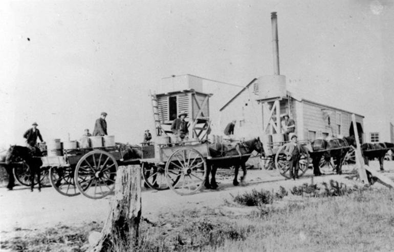 Image: Hukanui Creamery with delivery carts : digital image