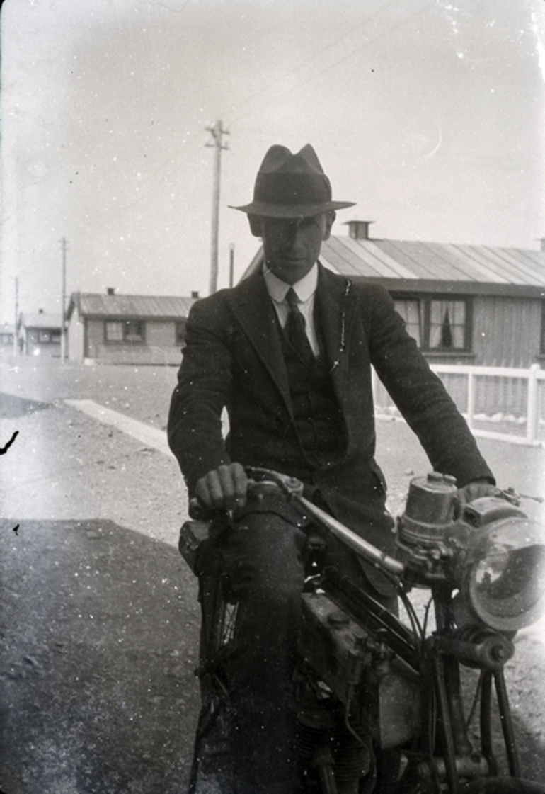 Image: Man on motorcycle, Featherston Camp : digital image