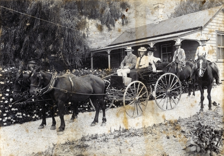 Image: Group in buggy and on horses: Photograph