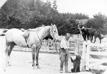 Image: Rupert Morrison with his horse and three dogs