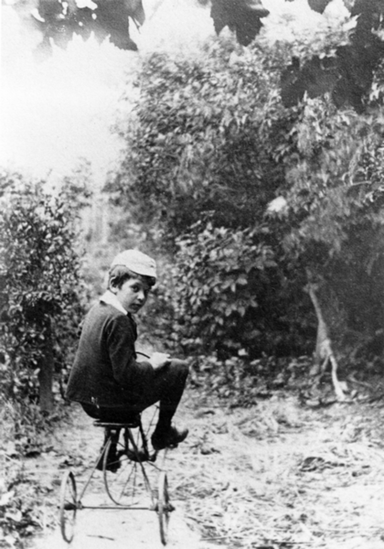 Image: A boy riding a tricycle down the garden path