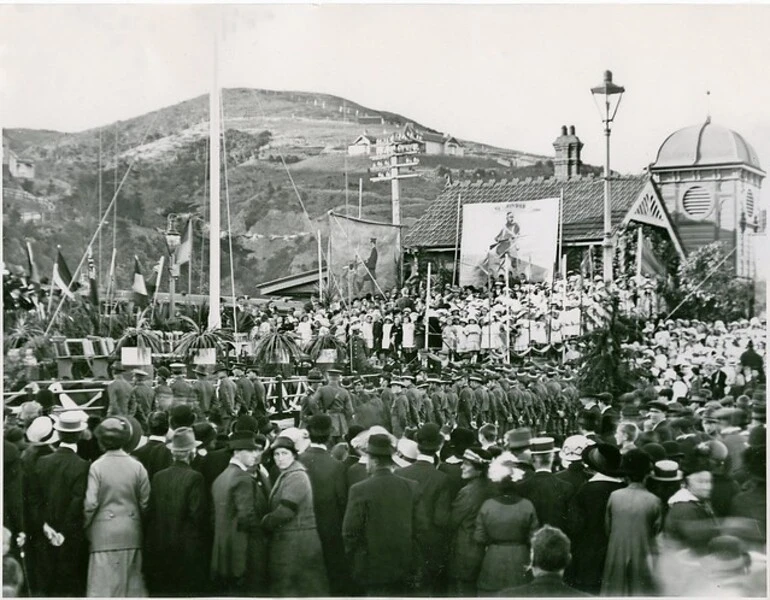 Image: First ANZAC Day Observance, Petone Railway Station, 25 April 1916 #ANZAC