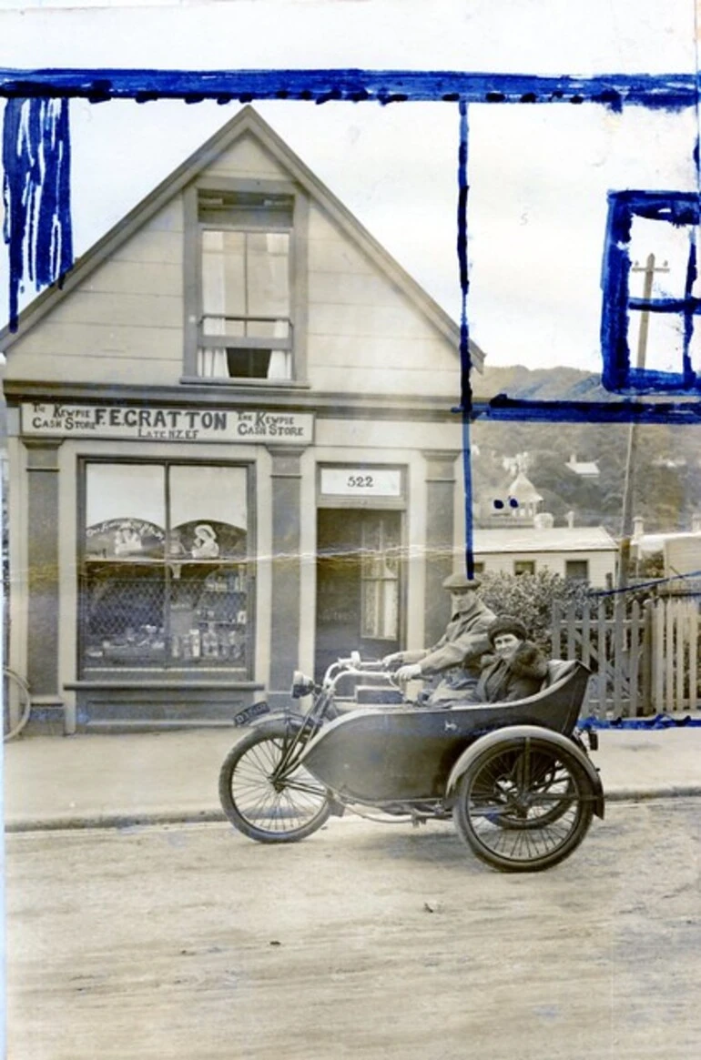 Image: Indian Powerplus Motorcycle outside the Kewpie Cash Store at 522 King Street, 1923. Additions to photograph show proposed alterations to building