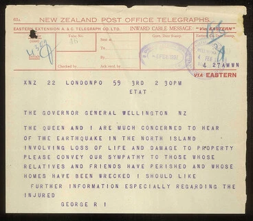 Image: 1931 Hawke's Bay Earthquake - Telegram from King George V