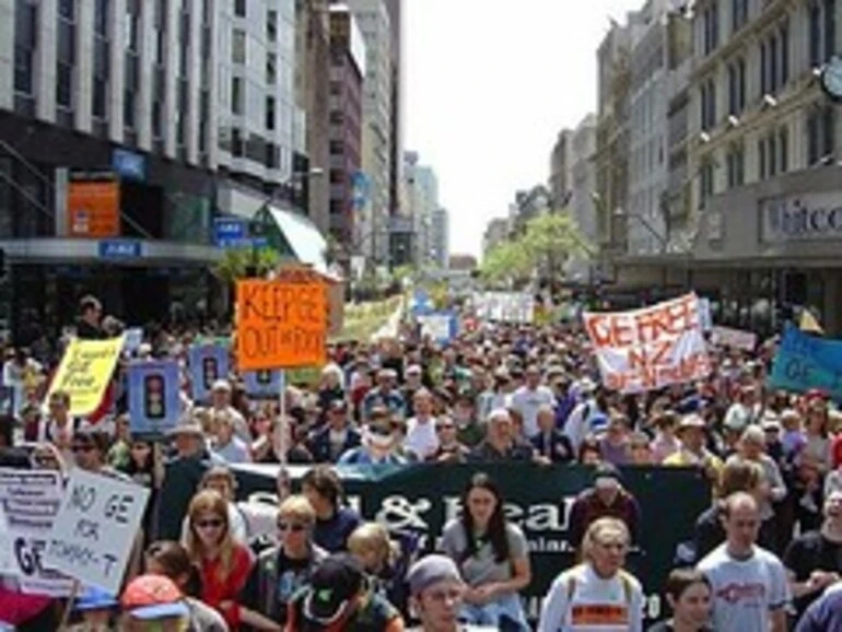 Image: Oct 2003 the third Auckland GE-freeNZ march , 20,000 New Zealanders ('kiwis') protest-to the time period:Proposition 37 , November 6th ,2012 California, USA , for gmo food labels.