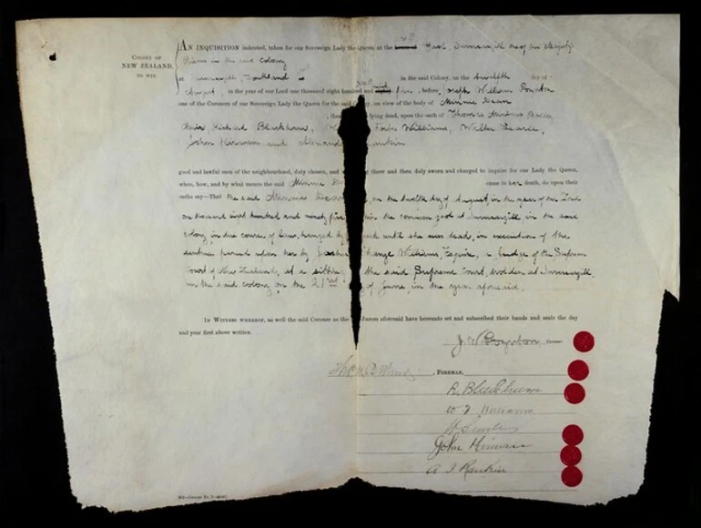 Image: Certificate of execution for Minnie Dean, 1895