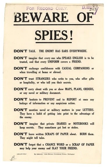 Image: 'Beware of Spies' World War I propaganda poster