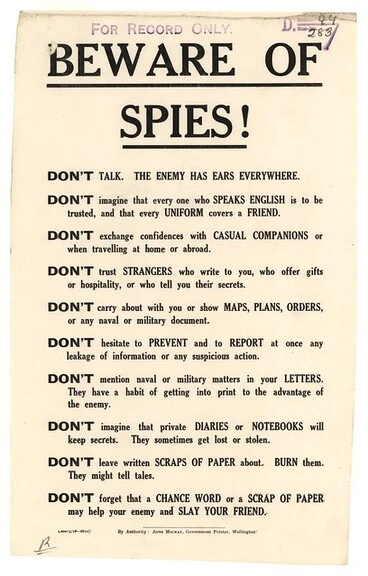 'Beware of Spies' World War I propaganda poster Image: 'Beware of Spies' World War I propaganda poster