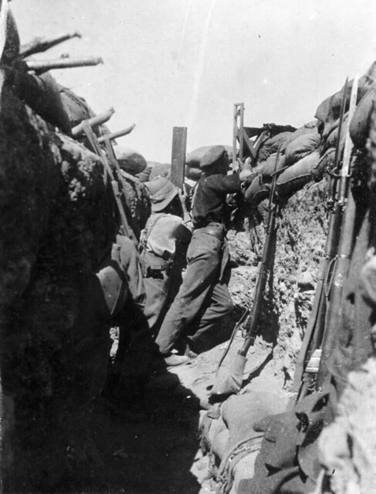 Image: Soldiers in a trench using a periscope rifle, Gallipoli, Turkey, 1915
