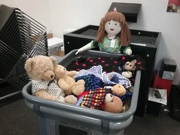 Image: All tucked in in a returns bin, Teddy bear sleepover