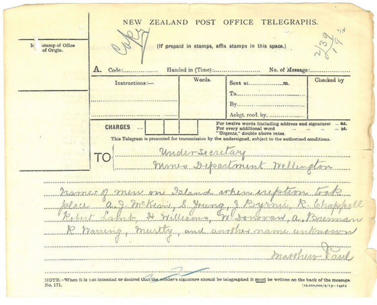 Image: Telegram re: White Island Eruption 1914