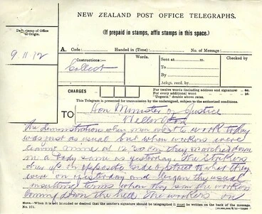 Image: Waihi Strike Telegrams from Police Commissioner John Cullen, 9 November 1912 (1 of 5)