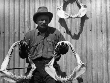 Image: Man holding shark jaw bones