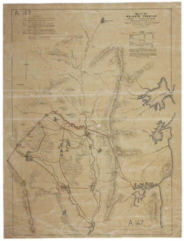 Image: Waikato Frontier - Showing redoubts, blockhouses etc, telegraph lines - scale 2 miles:1 inch - W. Bogle (no date)
