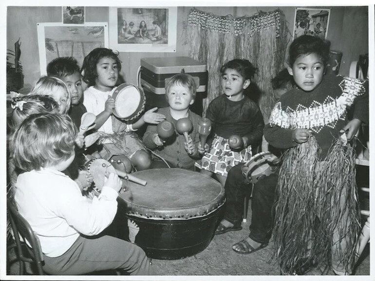 Image: At the Logen Campbell Kindergarten in Auckland, the teacher leads her class in a music lesson