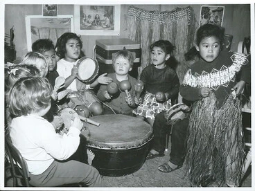 Image: At the Logen Campbell Kindergarten in Auckland, the teacher leads her class in a music lesson